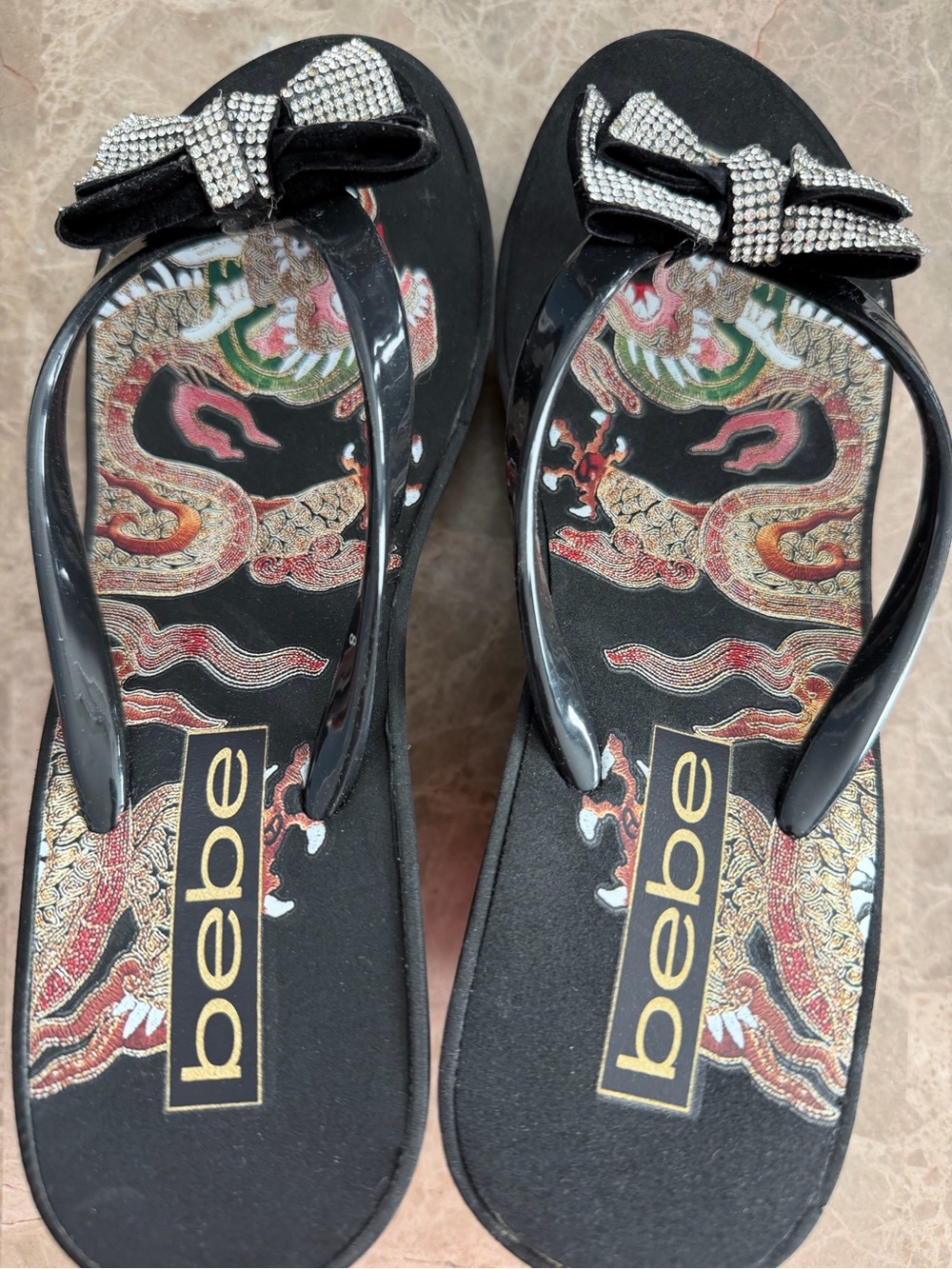 bebe Black Rhinestone Bow Flip Flop Sandals